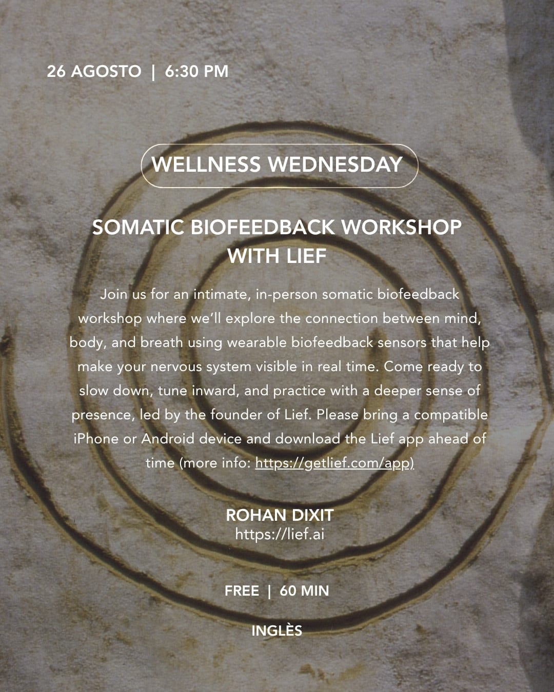Koti Condesa August 26 2026 Somatic Biofeedback Workshop with Lief event flyer